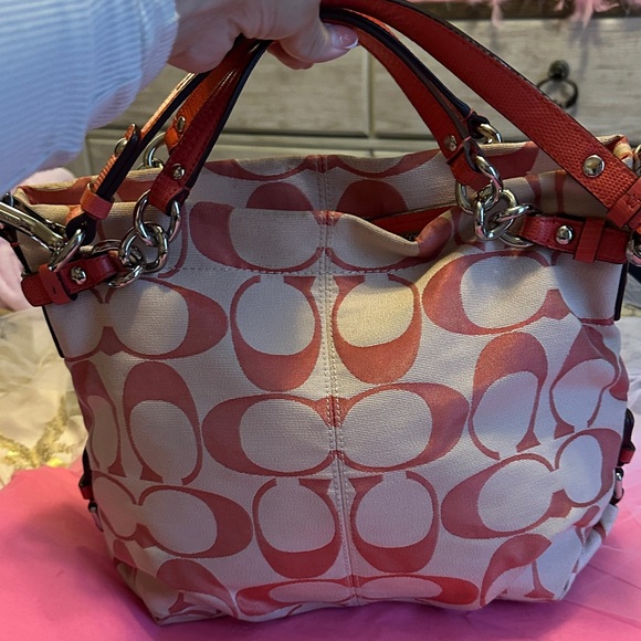 Coach Signature Salmon Canvas Shoulder Bag - Picture 1 of 10